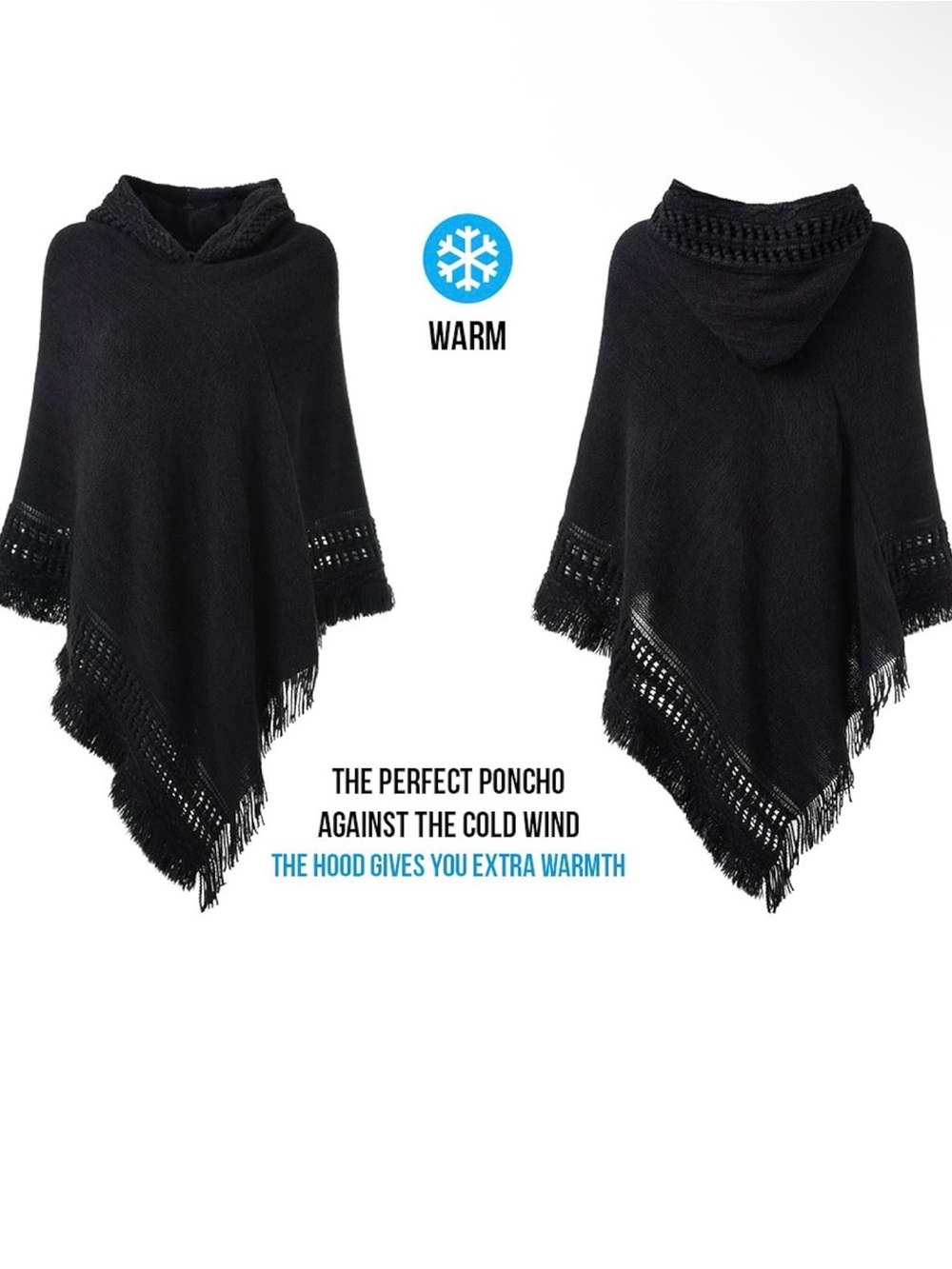 NWOT Black Hooded Fringe Poncho Sweater Cape - crochet